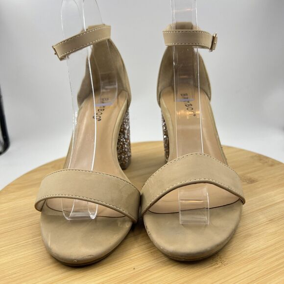 BAMBOO Tan Sandals Size 6.5 Glitter Block Heel Ankle Strap Faux Suede Shoes - Picture 3 of 7
